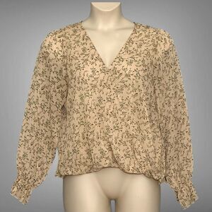 Vintage Y2K Womens Top XL Beige Sheer Floral Sparkle Faux Wrap Cottagecore